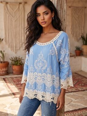 🌟B733. Boho Chic Light Blue Embroidered Crochet Trim Top